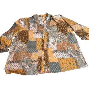 Patchwork Print Button Down Top Women Bubble Style Ruffles Trim HiLo Hem 18 XL